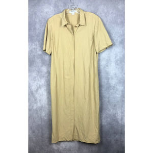 Jaeger Midi Dress Silk Linen Tan Button Up Short Sleeve US 12 UK 14